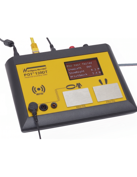 PGT130DT ESD Tester, including an RFID reader, a footplate, and a data terminal